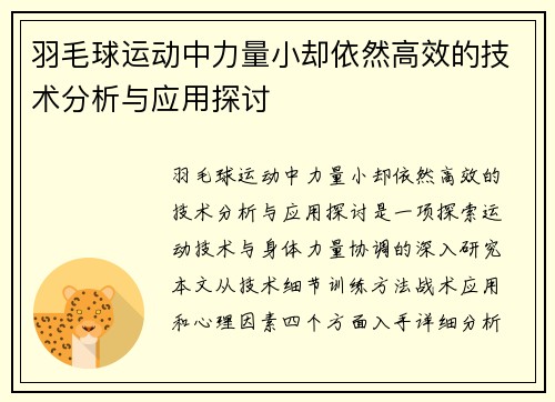 羽毛球运动中力量小却依然高效的技术分析与应用探讨