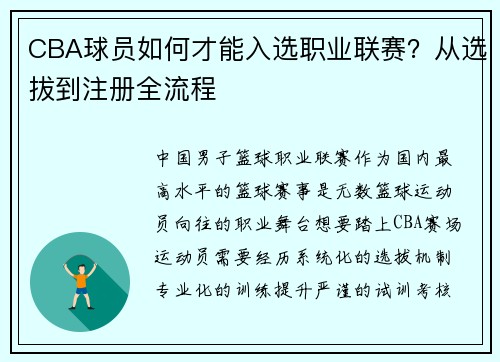 CBA球员如何才能入选职业联赛？从选拔到注册全流程